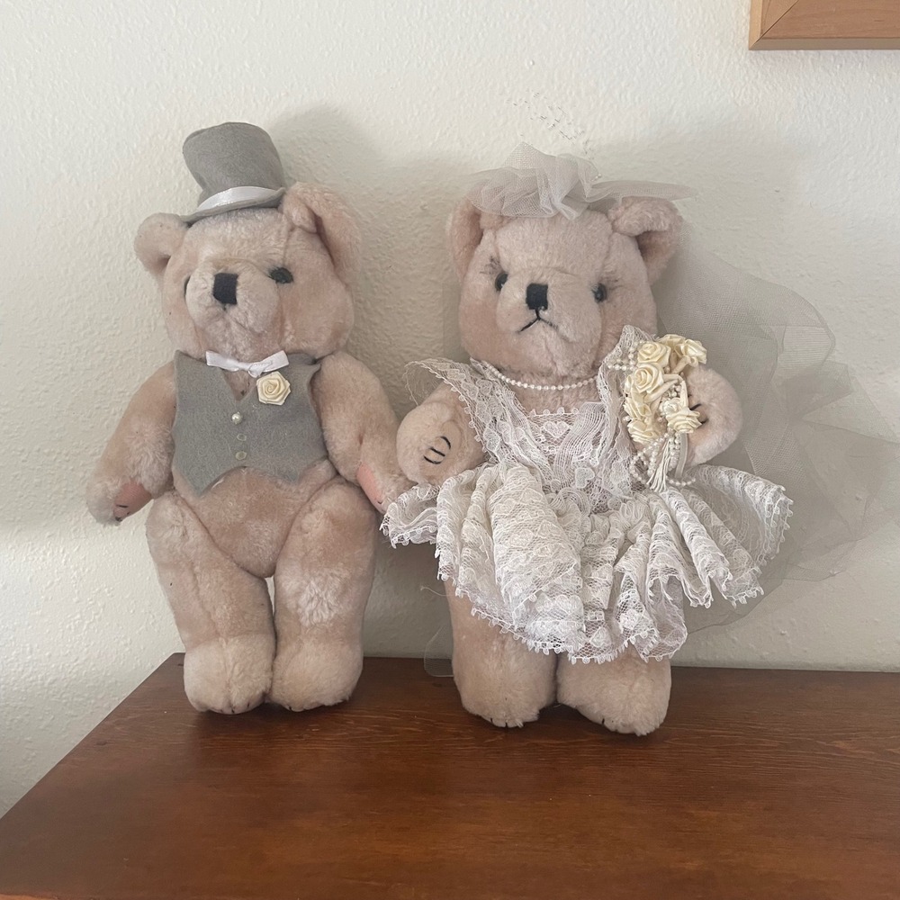 Vtg Jointed Bride Groom Teddy Bear Set Wedding Decor‎ Plush Couple Charming Gift